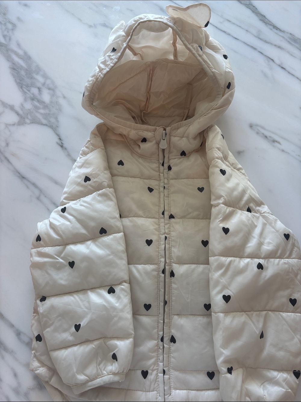 GAP Kids Cream Heart-Print Puffer insulated light weight Jacket with Hood